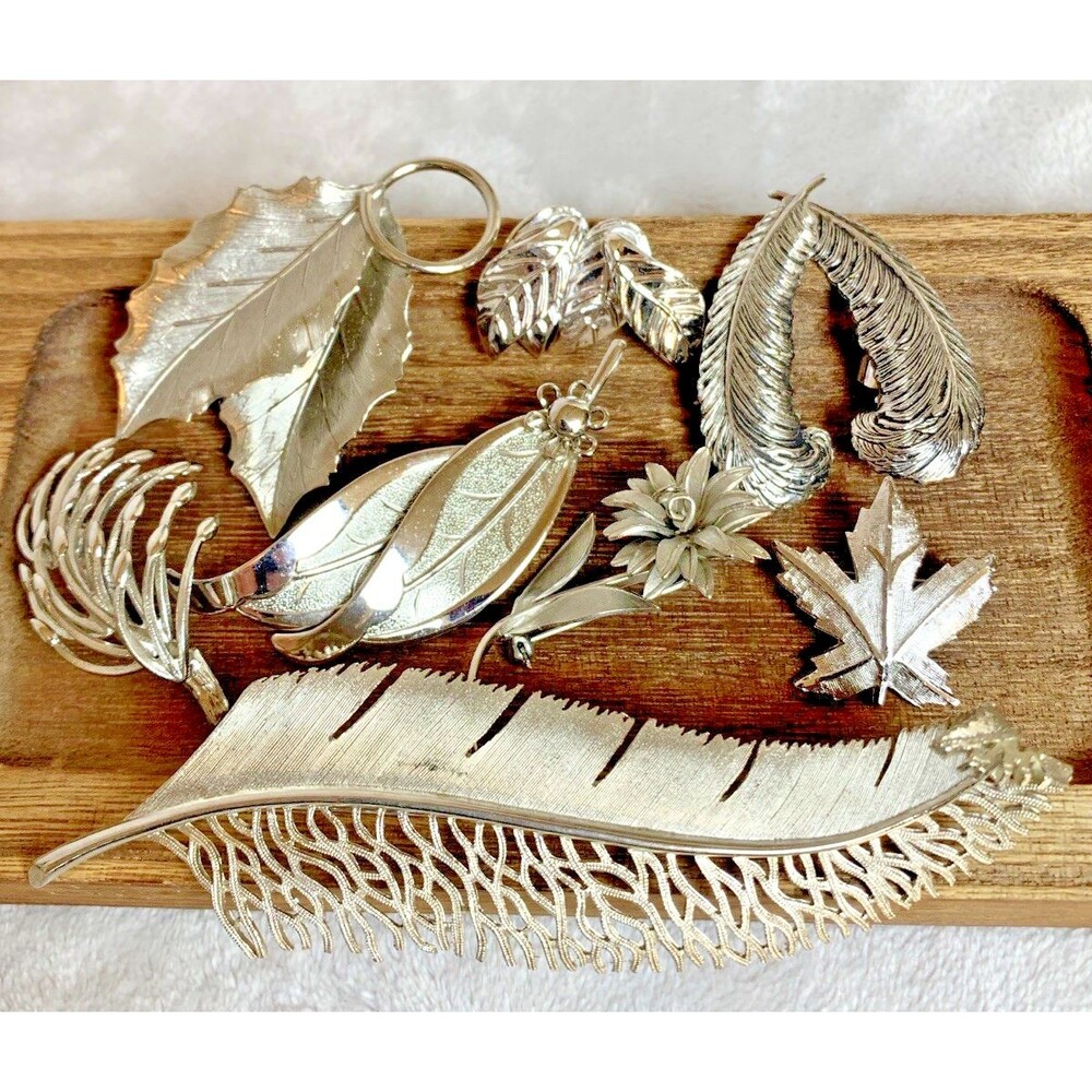 Vintage Silver Tone Lot Brooch Earrings Leaf Feather Floral Coro Sarah Coventry